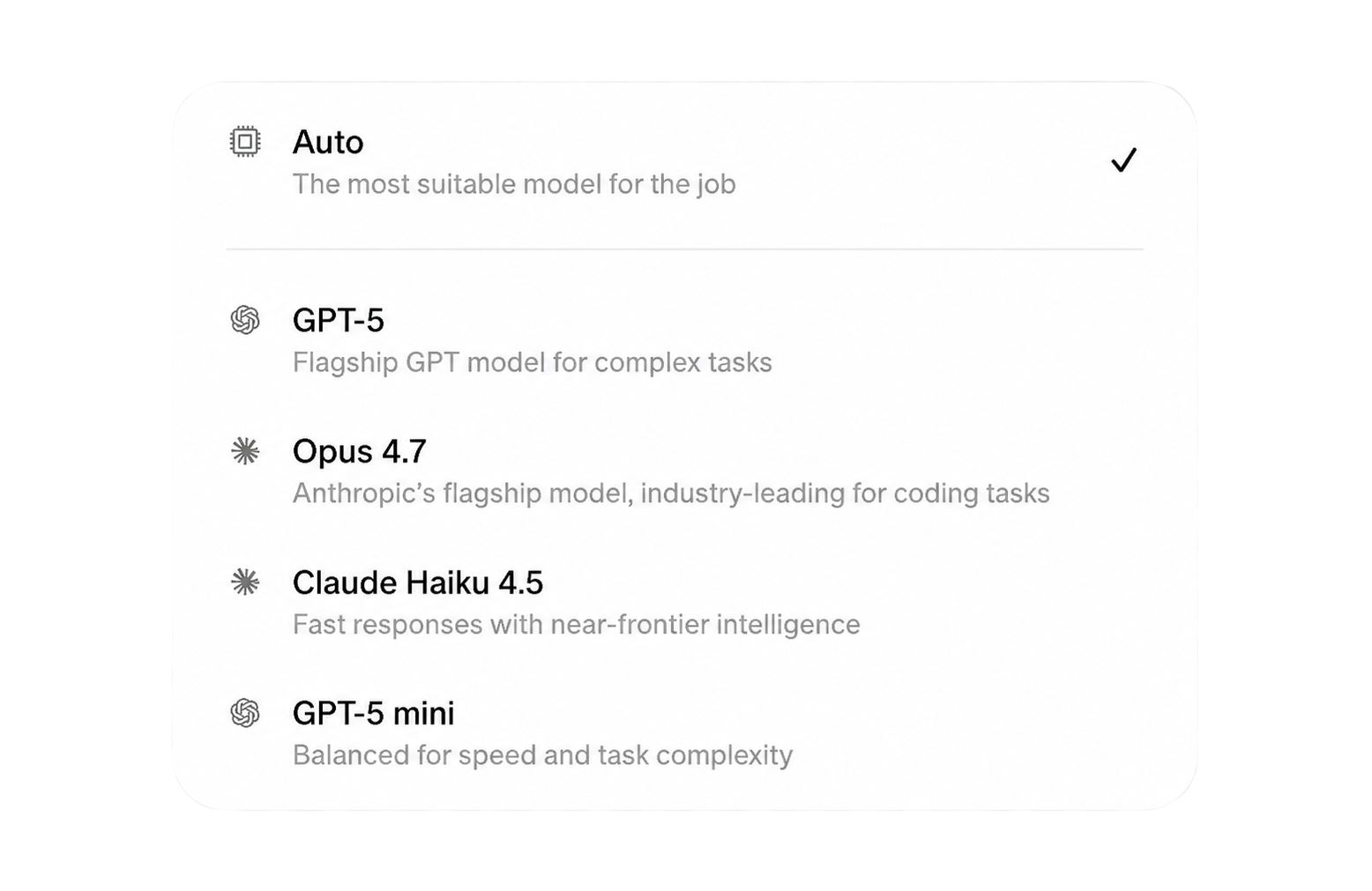 Desktop model picker showing Auto, GPT-5, Opus 4.7, Claude Haiku 4.5, and GPT-5 mini