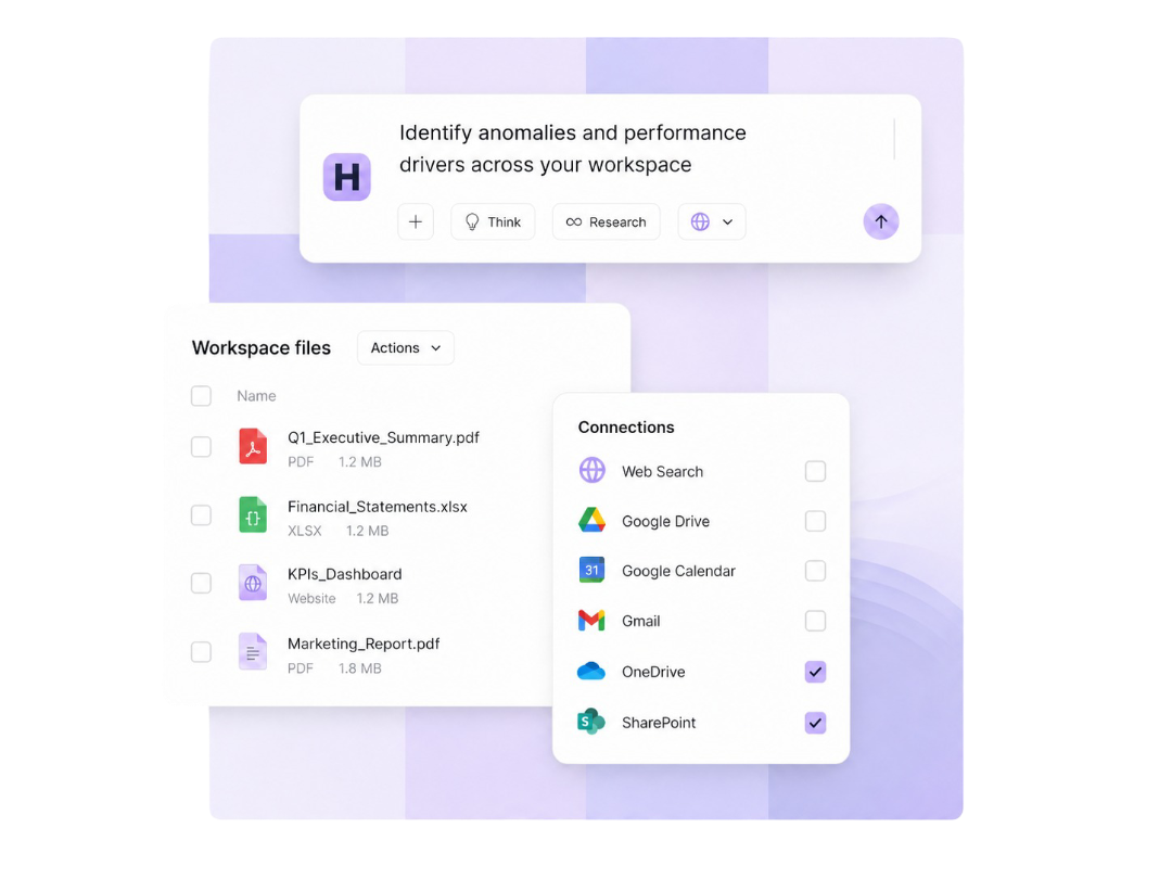 Harriet Desktop chat with a Connections panel listing Web Search, Google Drive, OneDrive, and SharePoint