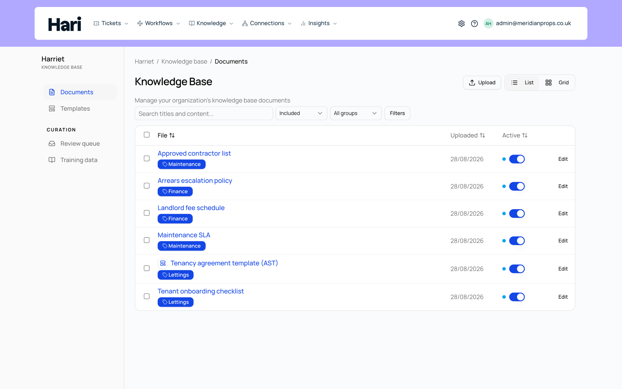 The Knowledge Base document list with tags
