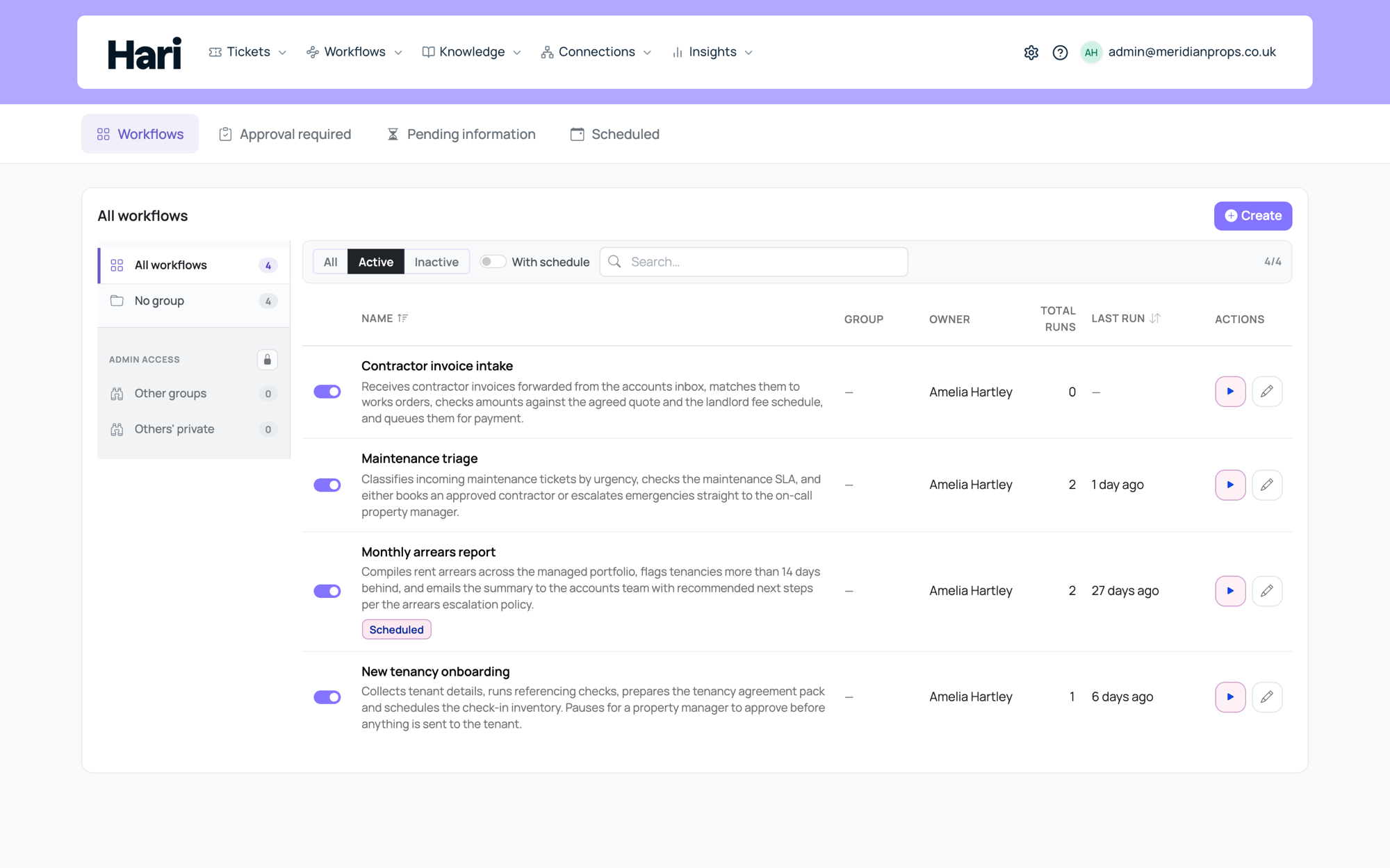 The workflows list with four configured workflows